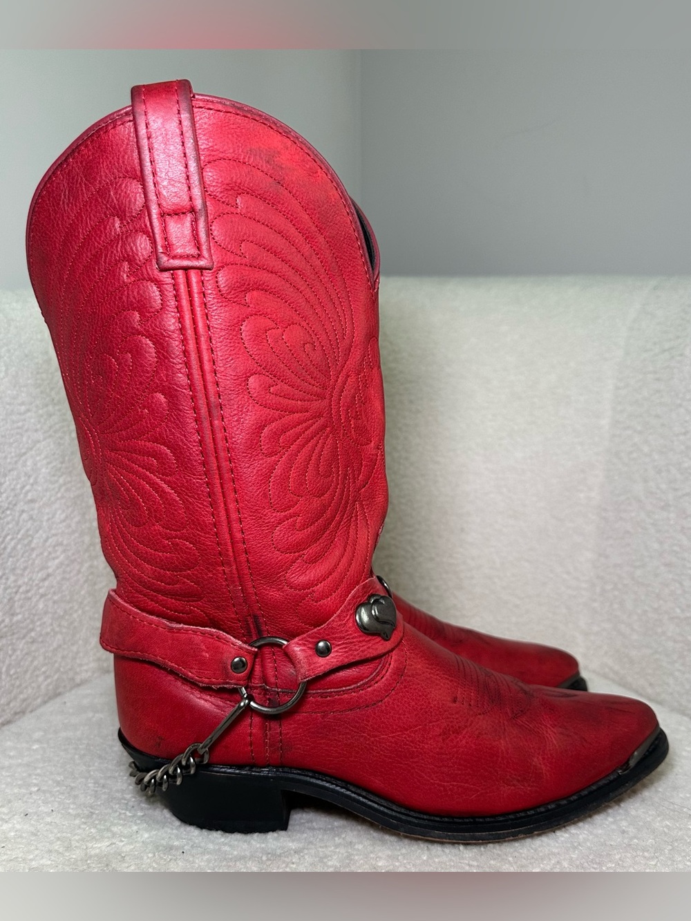Red Leather Cowboy Cowgirl Boots Heart Harness Chain Western Bohemian Festival